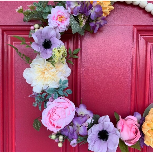 Floral Bead Hoop Wreath: Poppy, Anemone, Eucalyptus, Farmhouse Decor - Picture 2 of 9